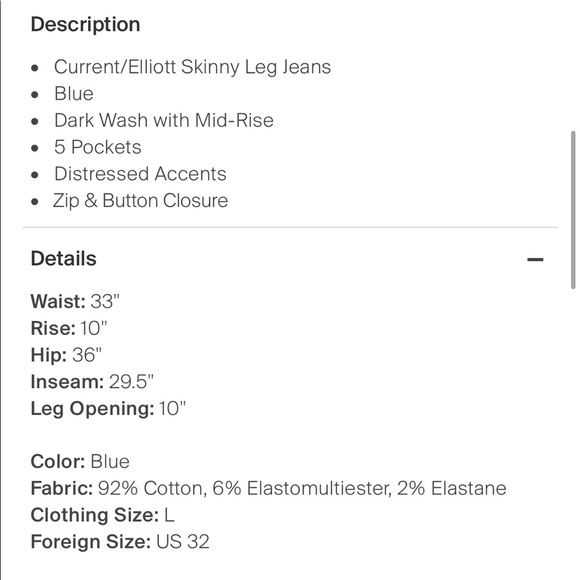 Current/Elliott Skinny Leg Jeans size 32
Blue
Dark Wash with Mid-Rise - Picture 2 of 4